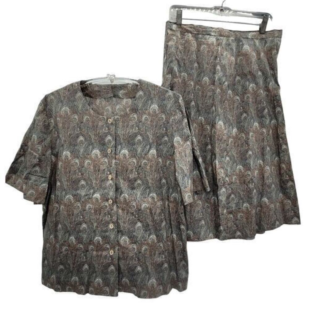 Vintage Peacock Feather‎ Short Sleeve Button Up Midi A-Line Skirt Set